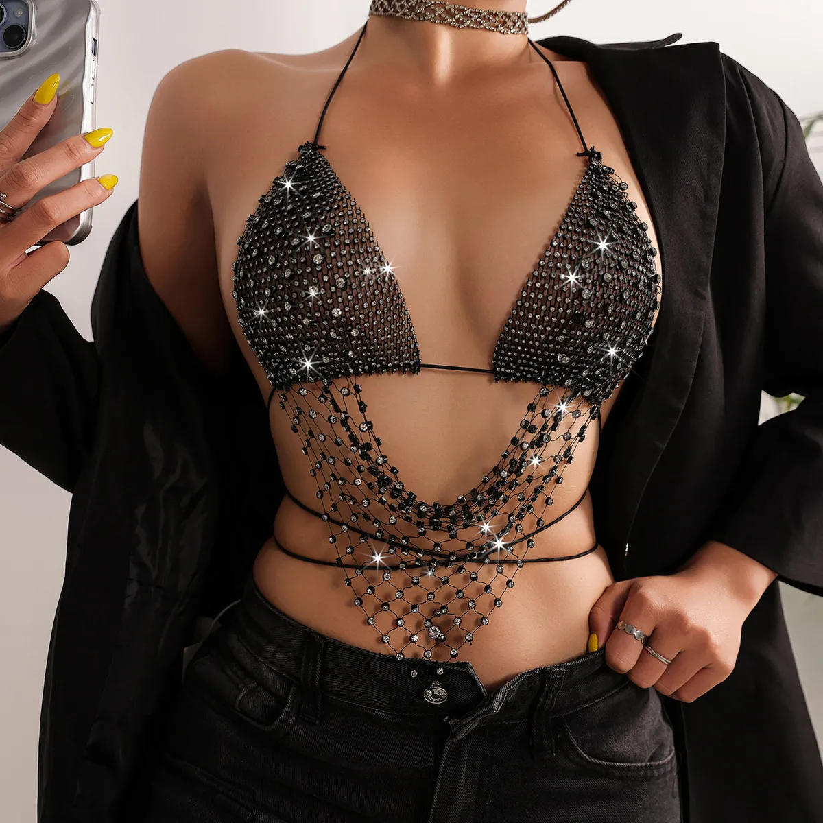 Women Sexy Rhinestone Fishing Net Hollow Neck Cropped Short Top