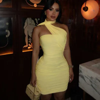 Women Sexy Solid Color Neck Pleated Mini Dress