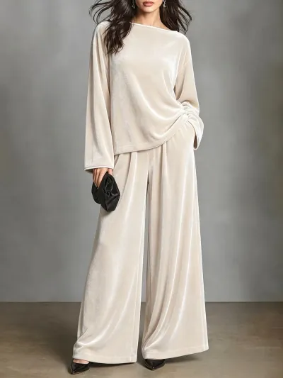 Women Fashion Casual Autumn And Winter Solid Color Velvet Long Sleeve Top Wide Leg Pants Two-Piece Set