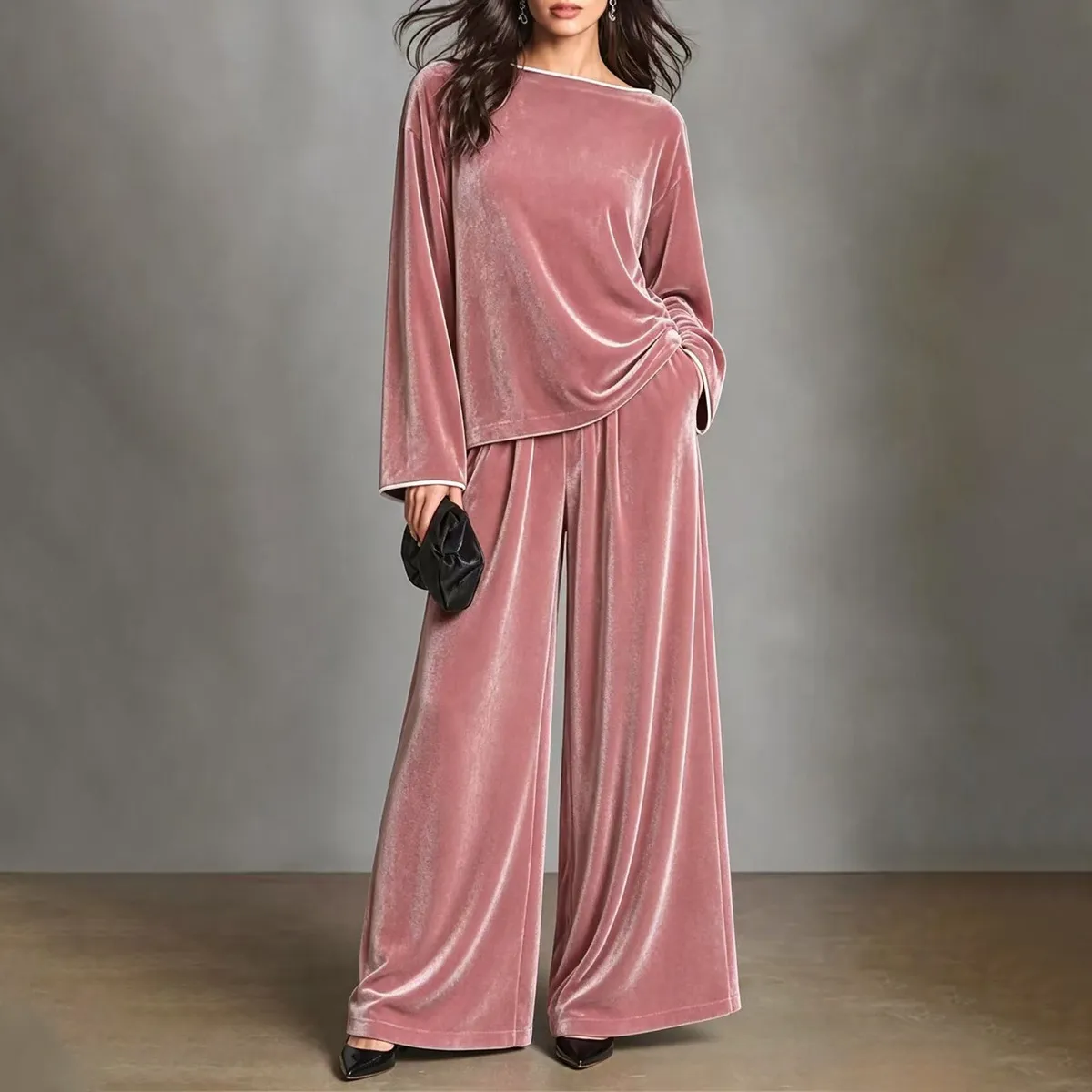 Women Fashion Casual Autumn And Winter Solid Color Velvet Long Sleeve Top Wide Leg Pants Two-Piece Set