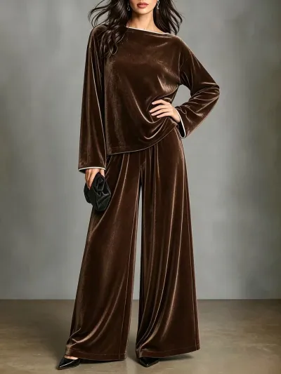 Women Fashion Casual Autumn And Winter Solid Color Velvet Long Sleeve Top Wide Leg Pants Two-Piece Set