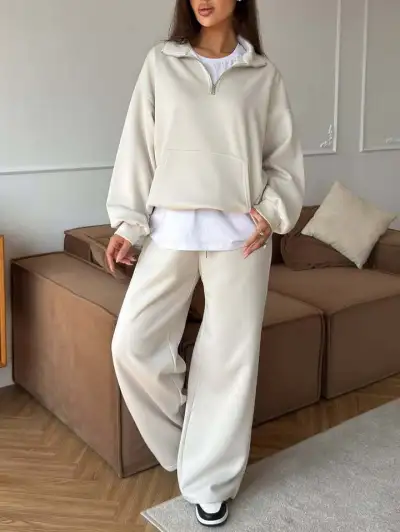 Women'S Fashion Casual Cotton Zipper Lapel Long-Sleeve Sweatshirt Lace Straight Wide-Leg Pants Two-Piece Set