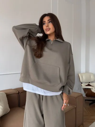 Women'S Fashion Casual Cotton Zipper Lapel Long-Sleeve Sweatshirt Lace Straight Wide-Leg Pants Two-Piece Set
