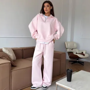 Women'S Fashion Casual Cotton Zipper Lapel Long-Sleeve Sweatshirt Lace Straight Wide-Leg Pants Two-Piece Set