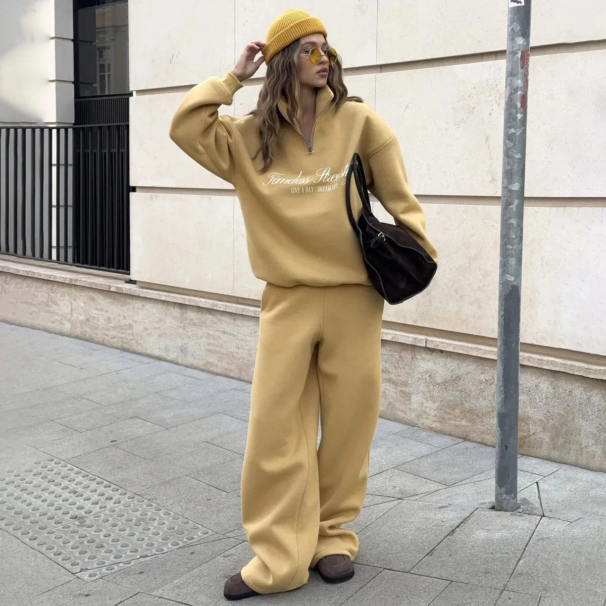 Women Fashion Casual Autumn Letter Print Lapel Long-Sleeve Sweatshirt Loose Pants Two-Piece Set