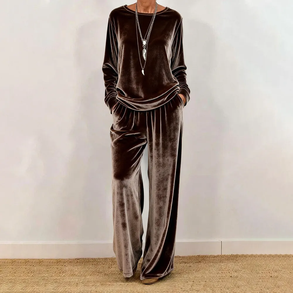 Women'S Fashion Casual Autumn Solid Color Velvet Long Sleeve Top Loose Pants Two-Piece Set