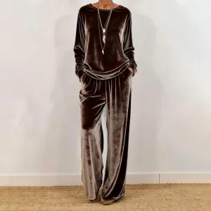 Women'S Fashion Casual Autumn Solid Color Velvet Long Sleeve Top Loose Pants Two-Piece Set