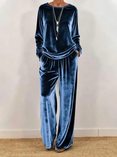 Women'S Fashion Casual Autumn Solid Color Velvet Long Sleeve Top Loose Pants Two-Piece Set