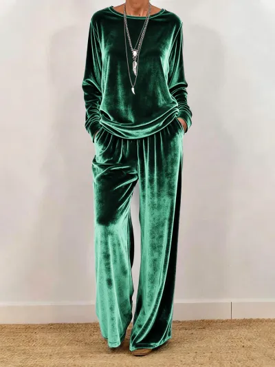 Women'S Fashion Casual Autumn Solid Color Velvet Long Sleeve Top Loose Pants Two-Piece Set