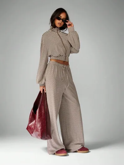 Women Fashion Casual Contrast Color Stripe Long-Sleeve Zipper Jacket Loose Wide-Leg Pants Two-Piece Set