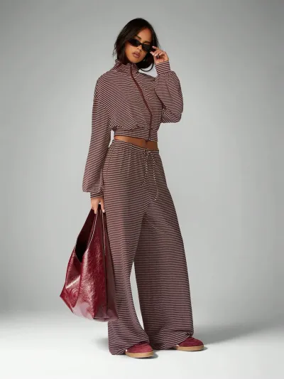 Women Fashion Casual Contrast Color Stripe Long-Sleeve Zipper Jacket Loose Wide-Leg Pants Two-Piece Set