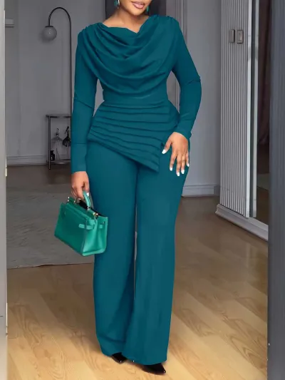 Women Fashion Casual Autumn Solid Color Long-Sleeve Pleated Waist Top Flared Pants Two-Piece Set