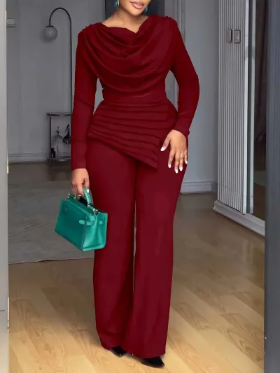 Women Fashion Casual Autumn Solid Color Long-Sleeve Pleated Waist Top Flared Pants Two-Piece Set