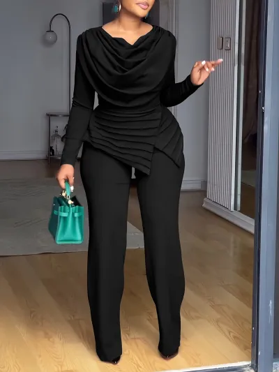 Women Fashion Casual Autumn Solid Color Long-Sleeve Pleated Waist Top Flared Pants Two-Piece Set