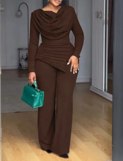 Women Fashion Casual Autumn Solid Color Long-Sleeve Pleated Waist Top Flared Pants Two-Piece Set