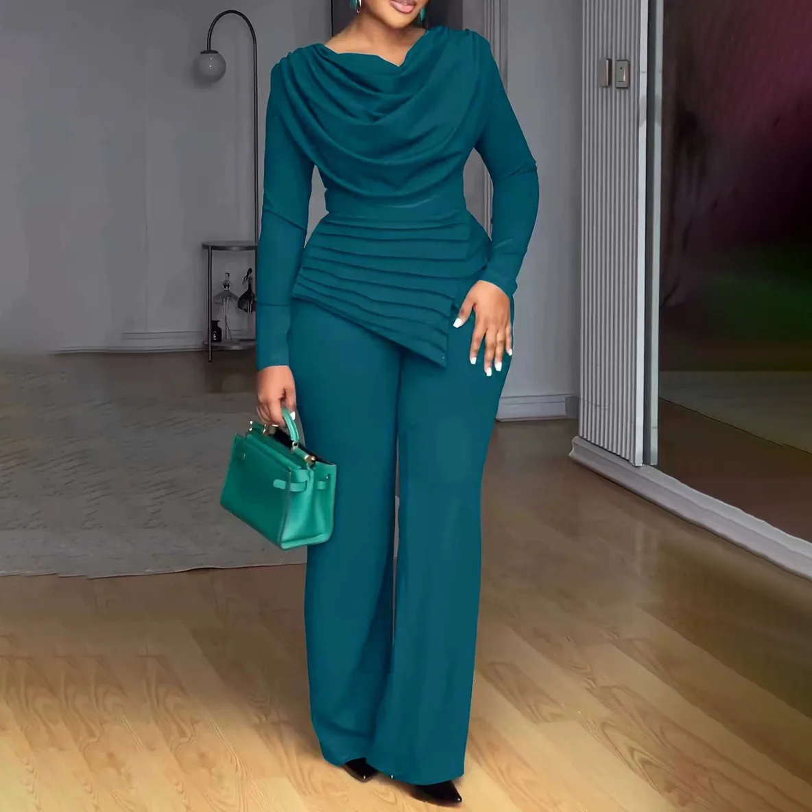 Women Fashion Casual Autumn Solid Color Long-Sleeve Pleated Waist Top Flared Pants Two-Piece Set