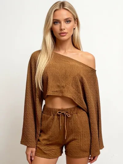 Women'S Fashion Casual Solid Color Off-Shoulder Long-Sleeve Loose Crop Top Shorts Two-Piece Set