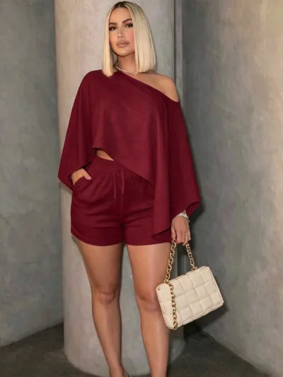 Women'S Fashion Casual Solid Color Off-Shoulder Long-Sleeve Loose Crop Top Shorts Two-Piece Set