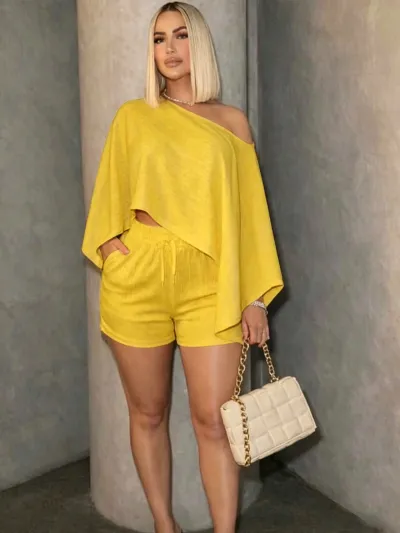 Women'S Fashion Casual Solid Color Off-Shoulder Long-Sleeve Loose Crop Top Shorts Two-Piece Set