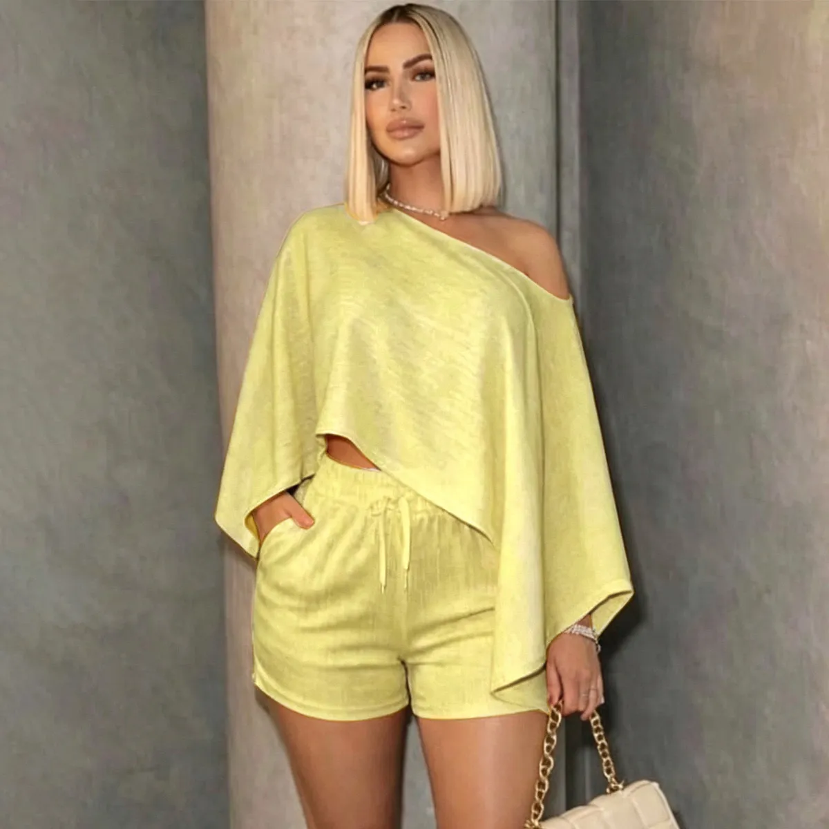 Women'S Fashion Casual Solid Color Off-Shoulder Long-Sleeve Loose Crop Top Shorts Two-Piece Set