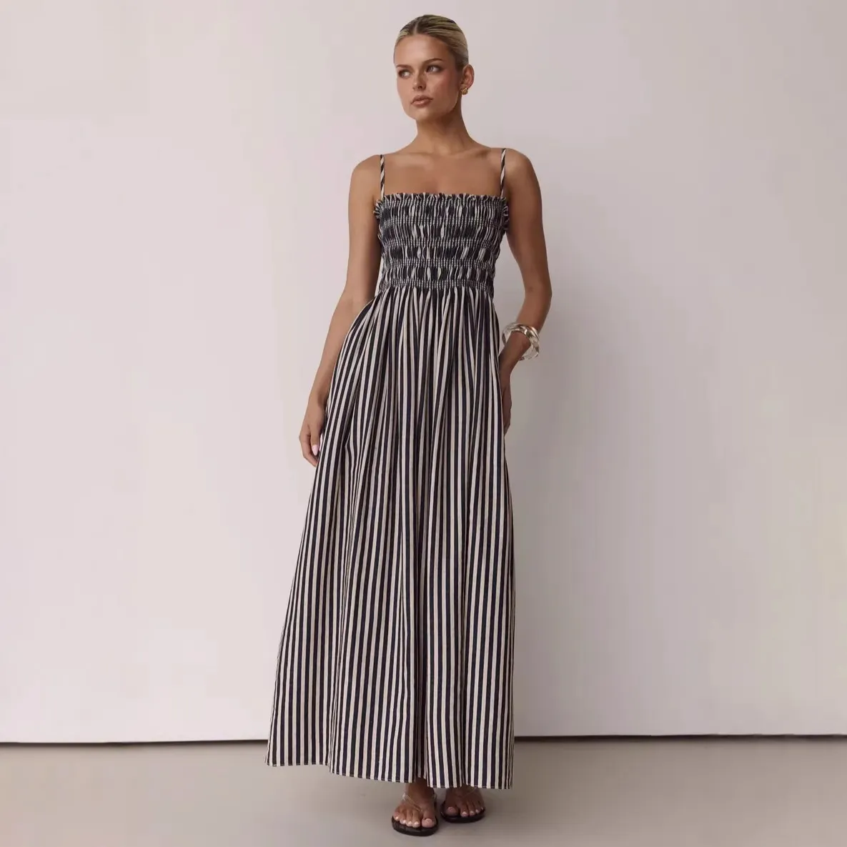Women Fashion Casual Summer Stripe Print Spaghetti Strap A-Line Long Dress