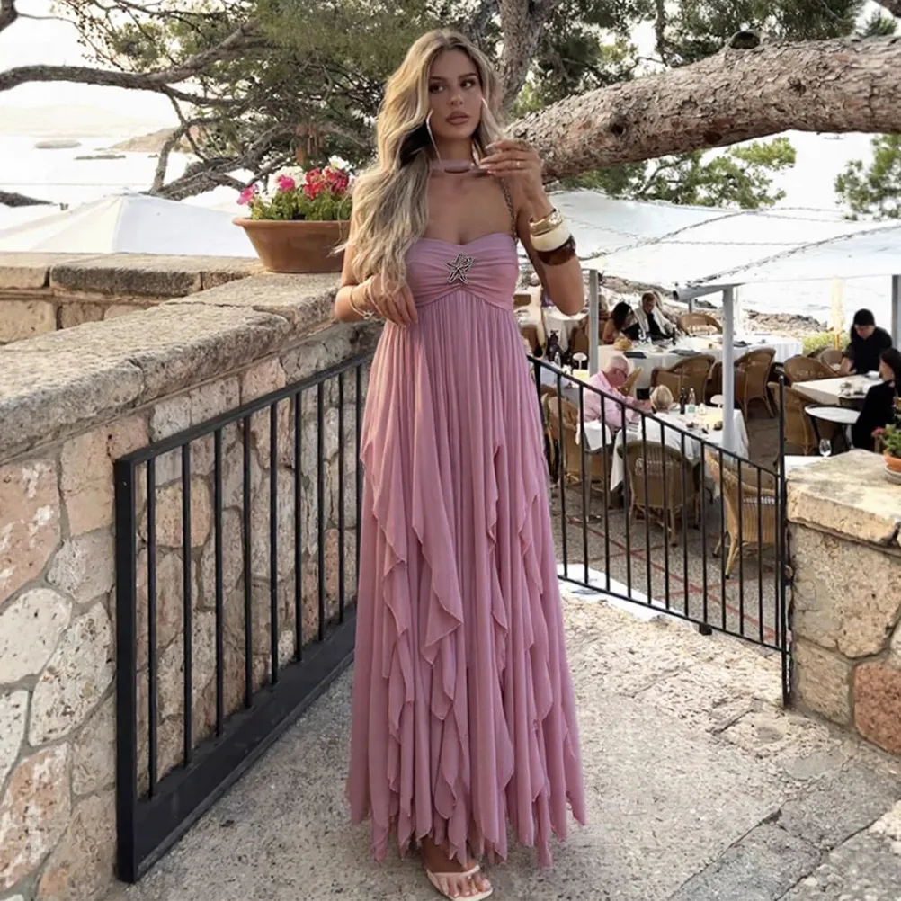 Women Fashion Sexy Elegant Solid Color Spaghetti Strap Backless Ruffled Dress