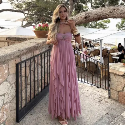 Women Fashion Sexy Elegant Solid Color Spaghetti Strap Backless Ruffled Dress