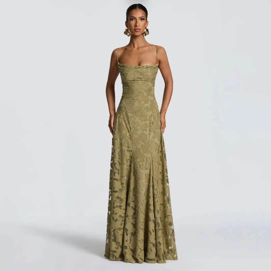 Women Fashion Elegant Solid Color Lace Spaghetti Strap Backless Dress