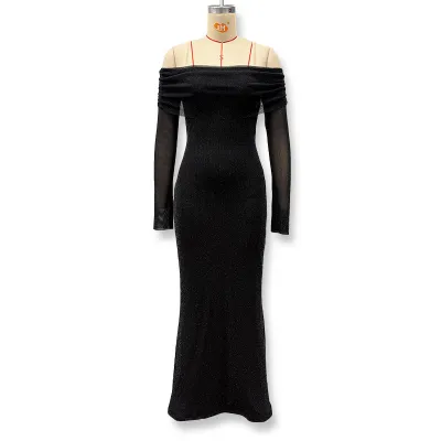 Women'S Fashion Sexy Elegant Solid Color Off-Shoulder Long-Sleeve Mesh Waist Hip Dress