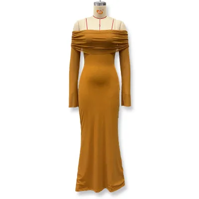 Women'S Fashion Sexy Elegant Solid Color Off-Shoulder Long-Sleeve Mesh Waist Hip Dress