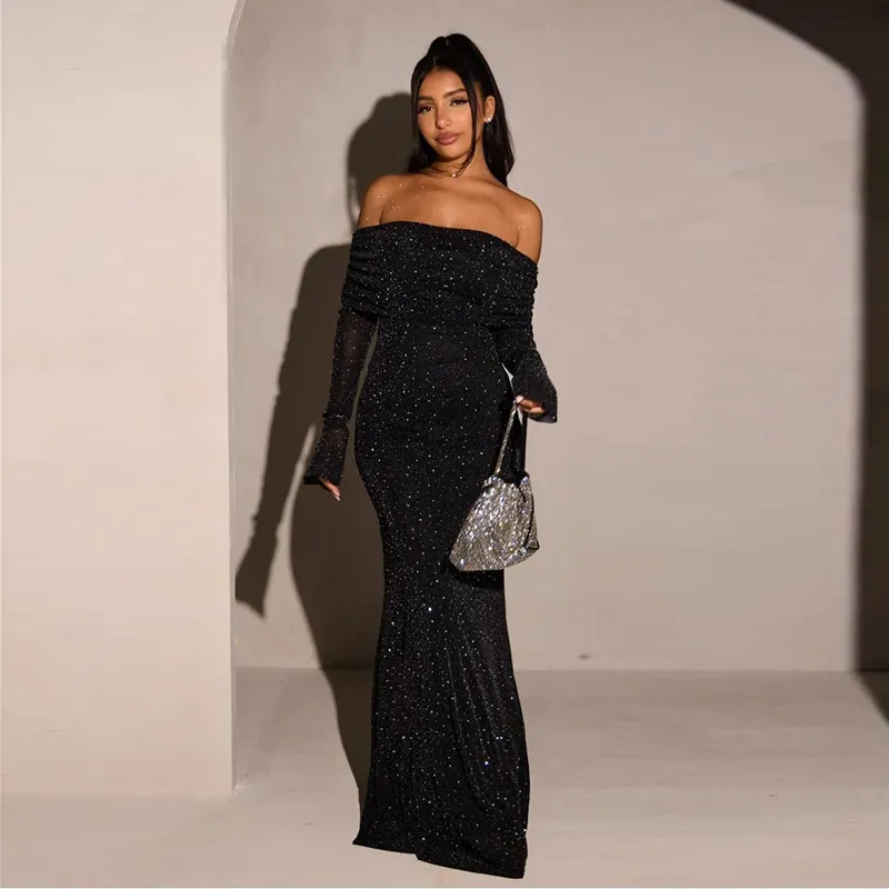 Women'S Fashion Sexy Elegant Solid Color Off-Shoulder Long-Sleeve Mesh Waist Hip Dress