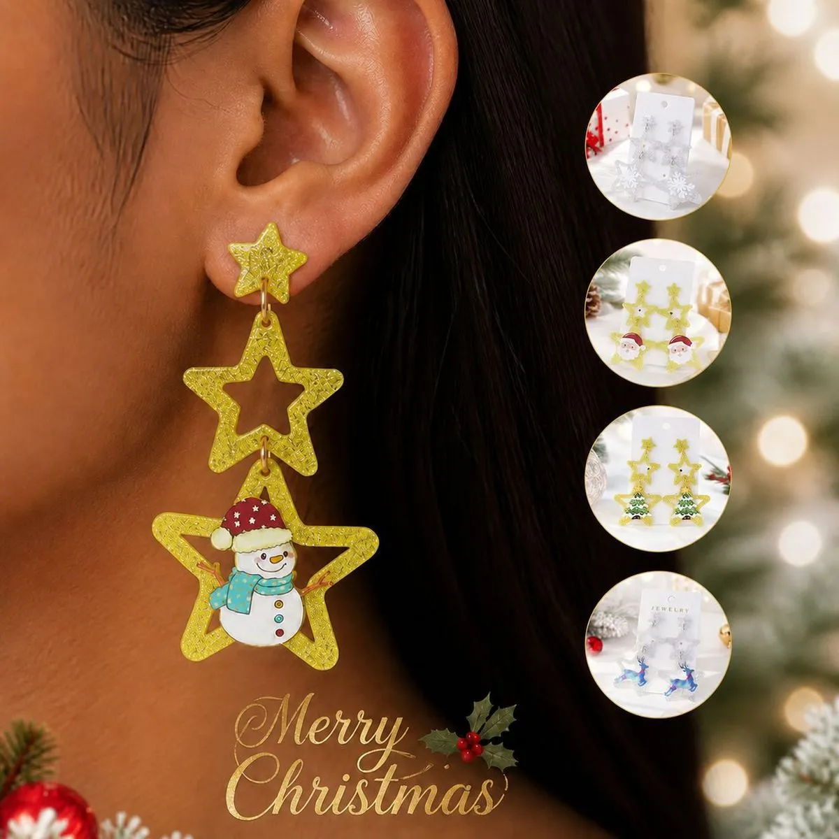 Christmas Women Fashion Multi-Layer Star Santa Claus Christmas Tree Reindeer Elements Earrings