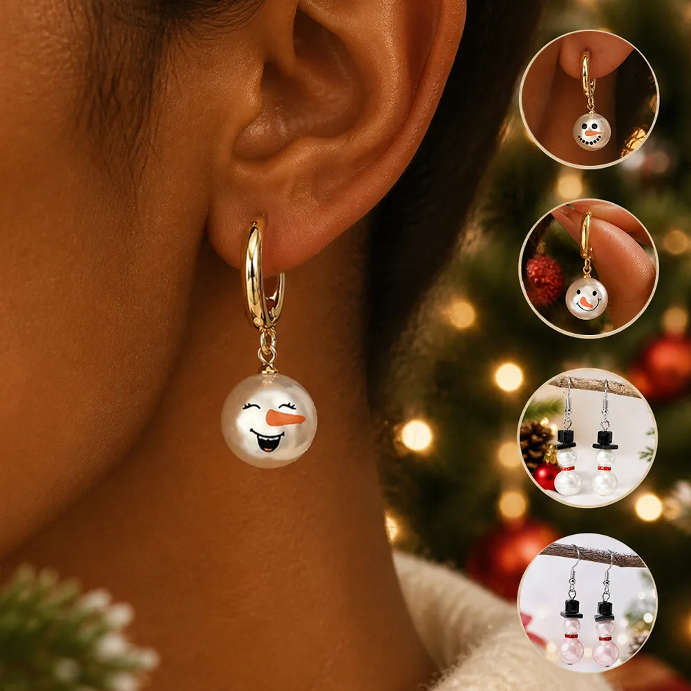 Christmas Women Fashion Cartoon Pearl Snowman Earrings