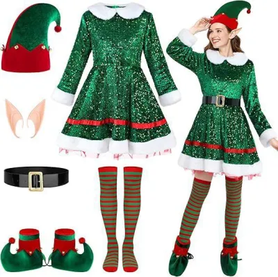 Christmas Women'S Fashion Elf Costume Party Green Sequin Dress With Hat Set Performance Clothes