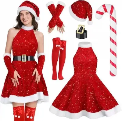 Christmas Women'S Fashion Elf Costume Party Green Sequin Dress With Hat Set Performance Clothes
