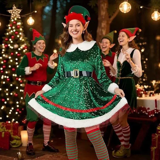 Christmas Women'S Fashion Elf Costume Party Green Sequin Dress With Hat Set Performance Clothes