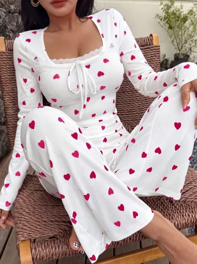Women'S Fashion Casual Love Printed Long-Sleeve Lace-Up Top Pants Pajamas Two-Piece Set