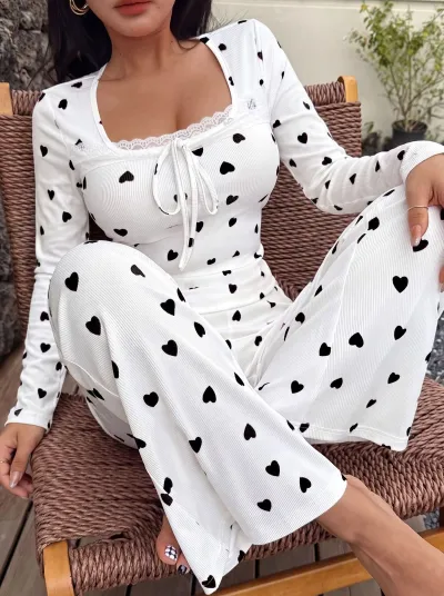 Women'S Fashion Casual Love Printed Long-Sleeve Lace-Up Top Pants Pajamas Two-Piece Set