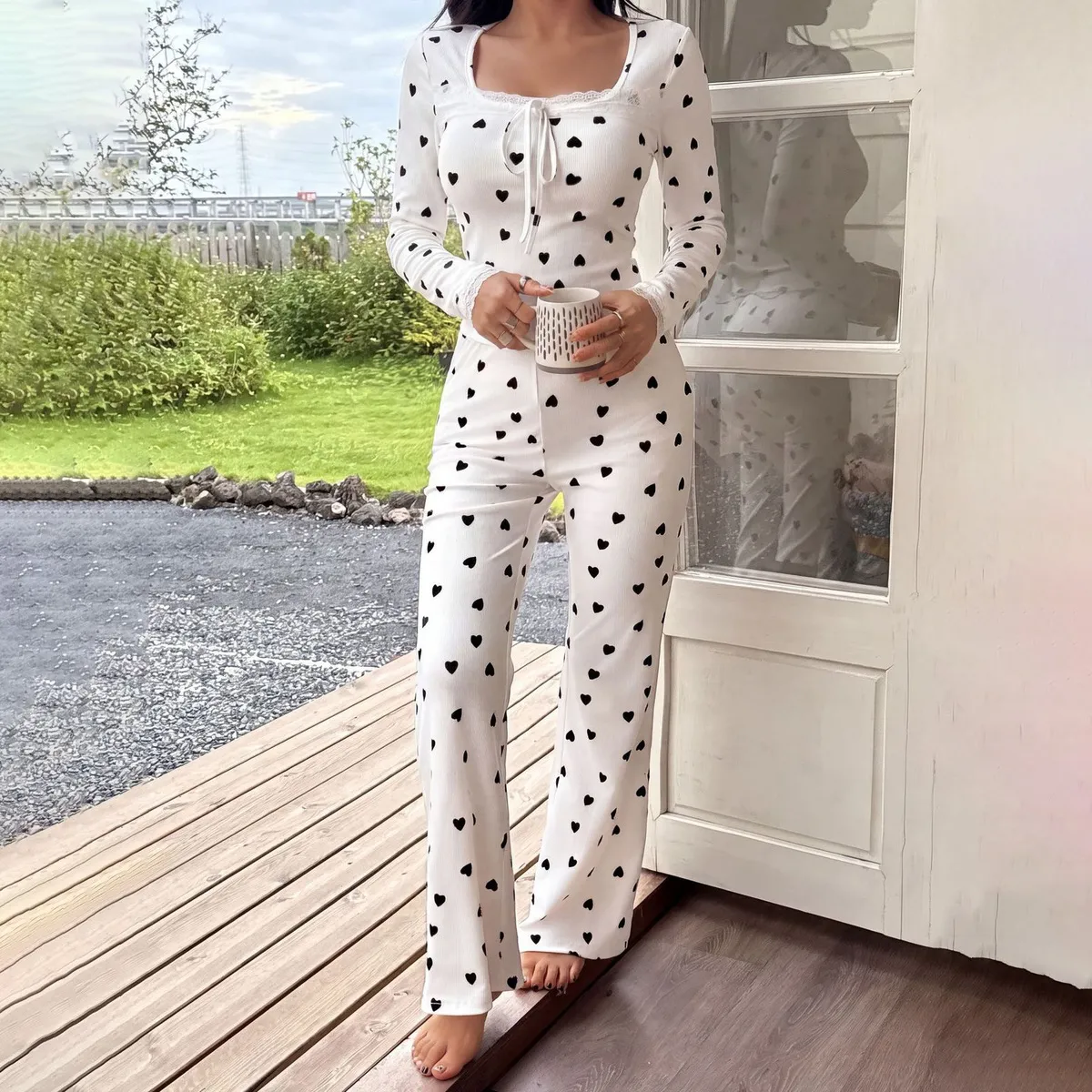 Women'S Fashion Casual Love Printed Long-Sleeve Lace-Up Top Pants Pajamas Two-Piece Set