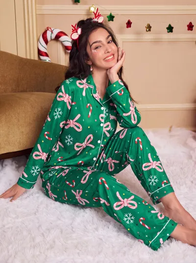 Christmas Women'S Fashion Casual Candy Bow Printed Lapel Long Sleeve Cardigan Loose Pants Pajamas Two-Piece Set