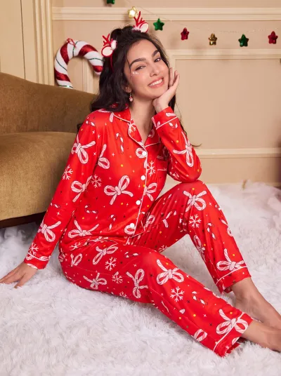 Christmas Women'S Fashion Casual Candy Bow Printed Lapel Long Sleeve Cardigan Loose Pants Pajamas Two-Piece Set