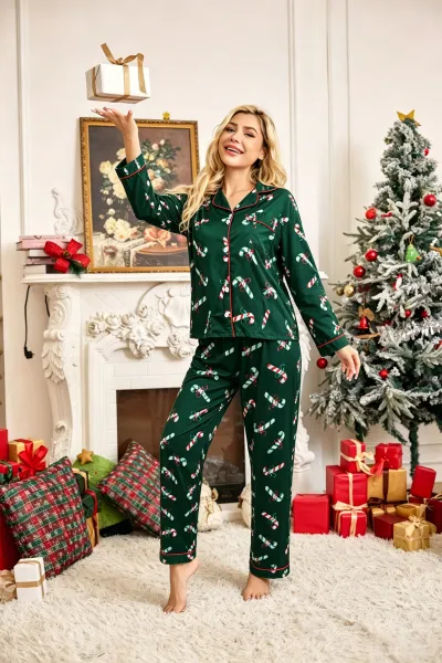 Christmas Women'S Fashion Printed Lapel Long Sleeve Cardigan Loose Pants Pajamas Two-Piece Set