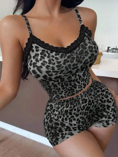 Women'S Fashion Sexy Leopard Lace Camisole Shorts Pajamas Two-Piece Set