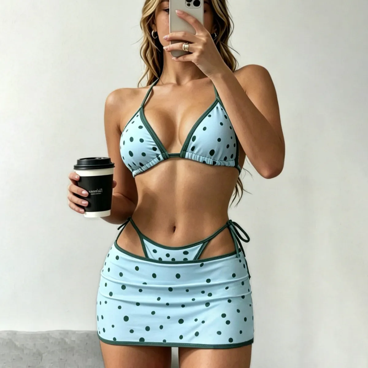 Women Fashion Sexy Polka Dot Print Halter-Neck Lace-Up Bikini Swimsuit Skirt Three-Piece Set
