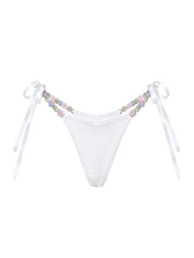 Women Fashion Sexy Embroidered Tiny Flower Lace-Up Thong
