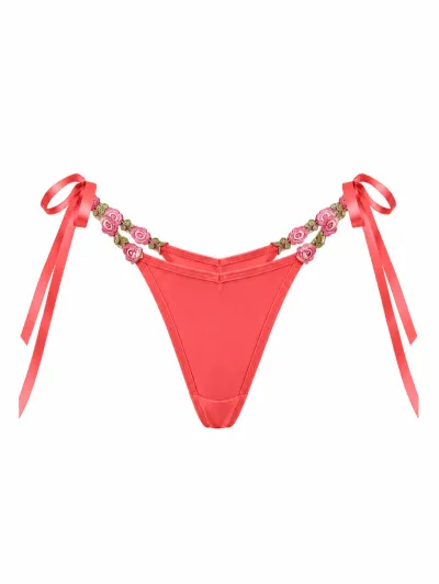 Women Fashion Sexy Embroidered Tiny Flower Lace-Up Thong