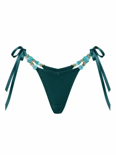 Women Fashion Sexy Embroidered Tiny Flower Lace-Up Thong
