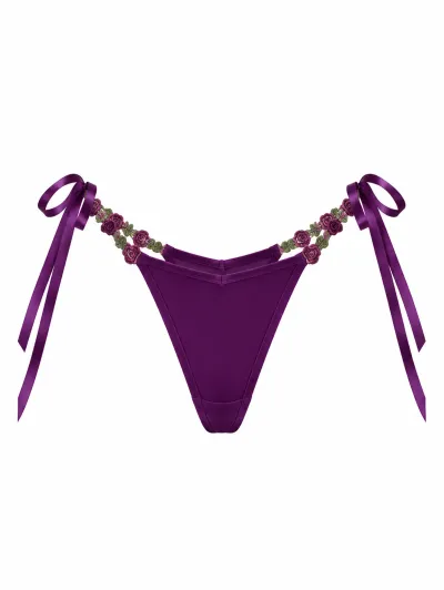 Women Fashion Sexy Embroidered Tiny Flower Lace-Up Thong