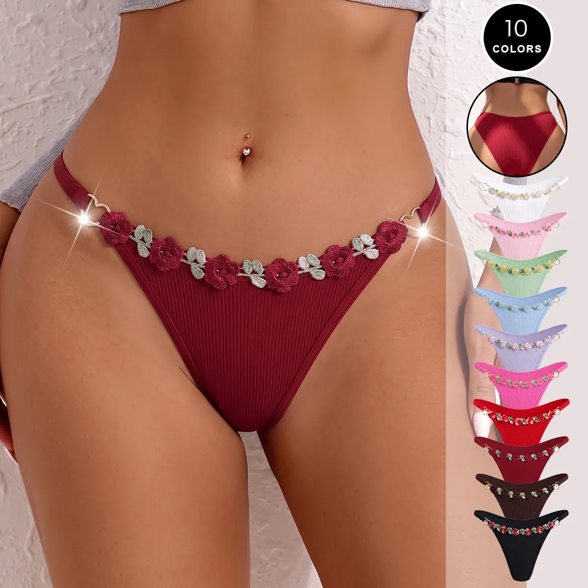 Women'S Fashion Sexy Solid Color Floral Embroidery Low Waist Thong