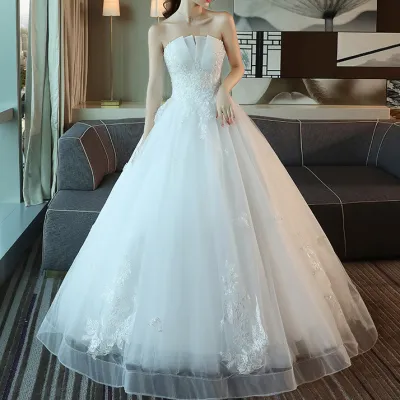 Women Fashion Solid Color White Strapless Lace Fairy Bride Tail Wedding Dress